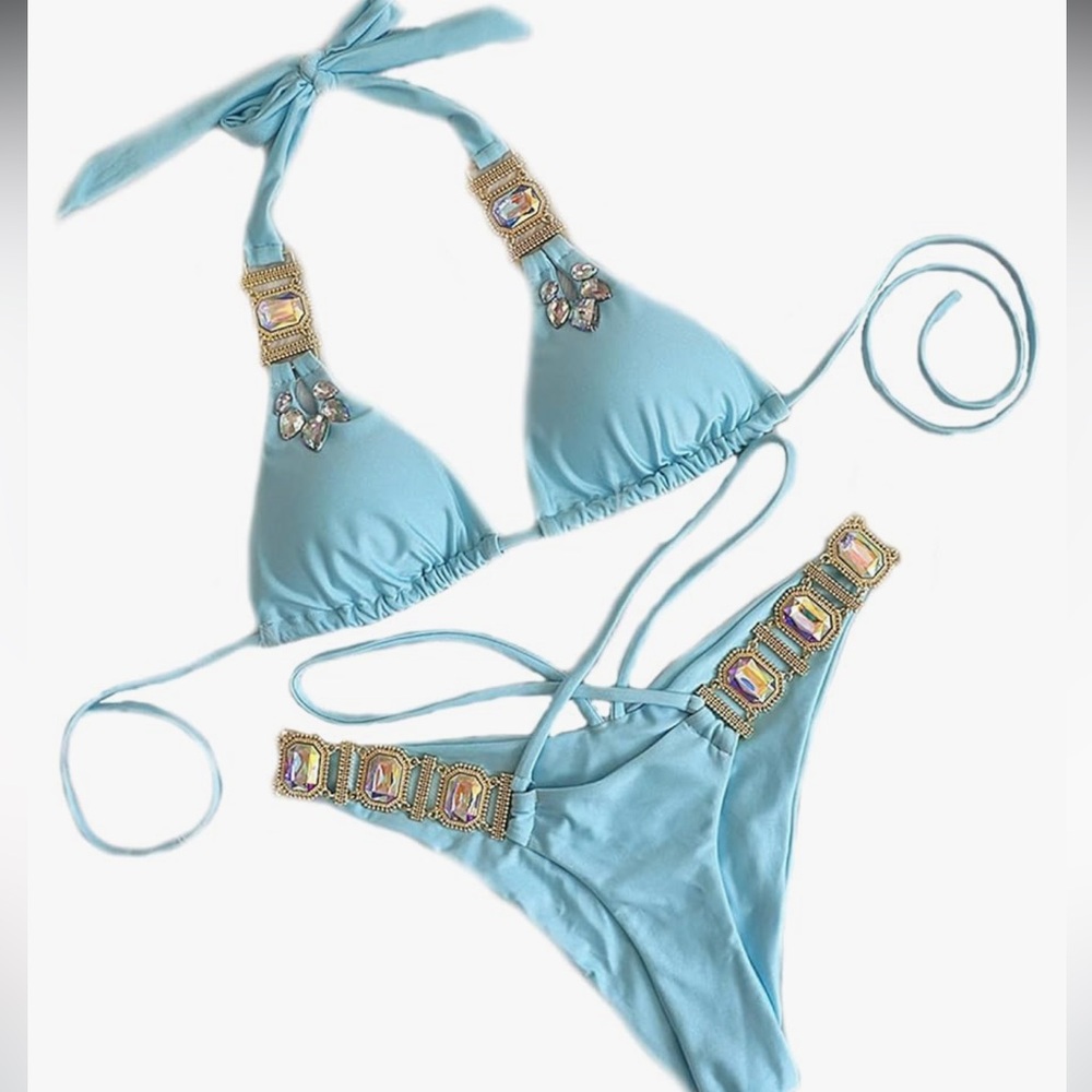 Blue crystal rhinestones bikini swimsuit pucker scrunch butt cheeky festival new